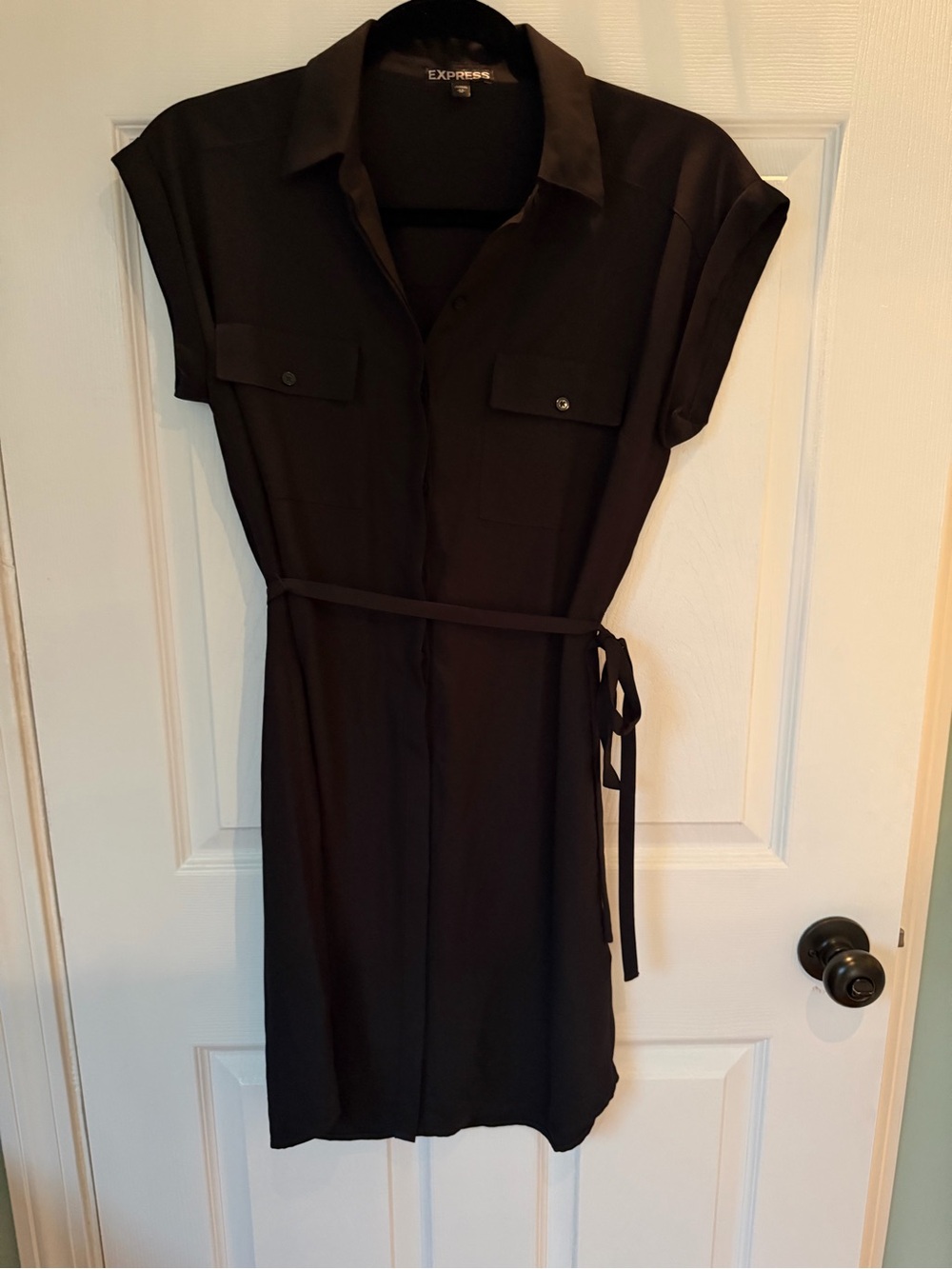 Express Black Short-Sleeve Shirt Dress with Waist Tie